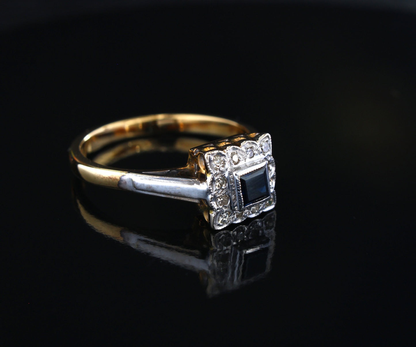 Vintage Sapphire Diamond Engagement Ring, Art Deco Style Gold Ring with Natural Diamonds and Blue Sapphire - fk gems