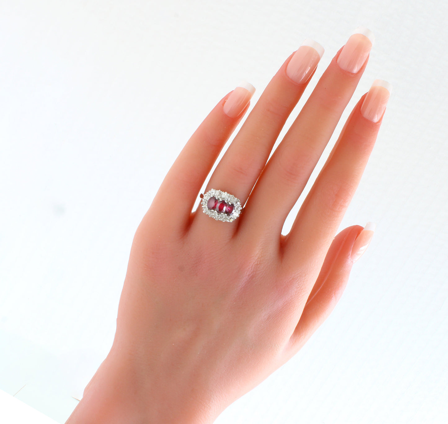 Vintage Natural Ruby Diamond Ring in 18k Gold Platinum,Hand Crafted Triple Cluster of Old Cut Diamonds and Rubies - fk gems