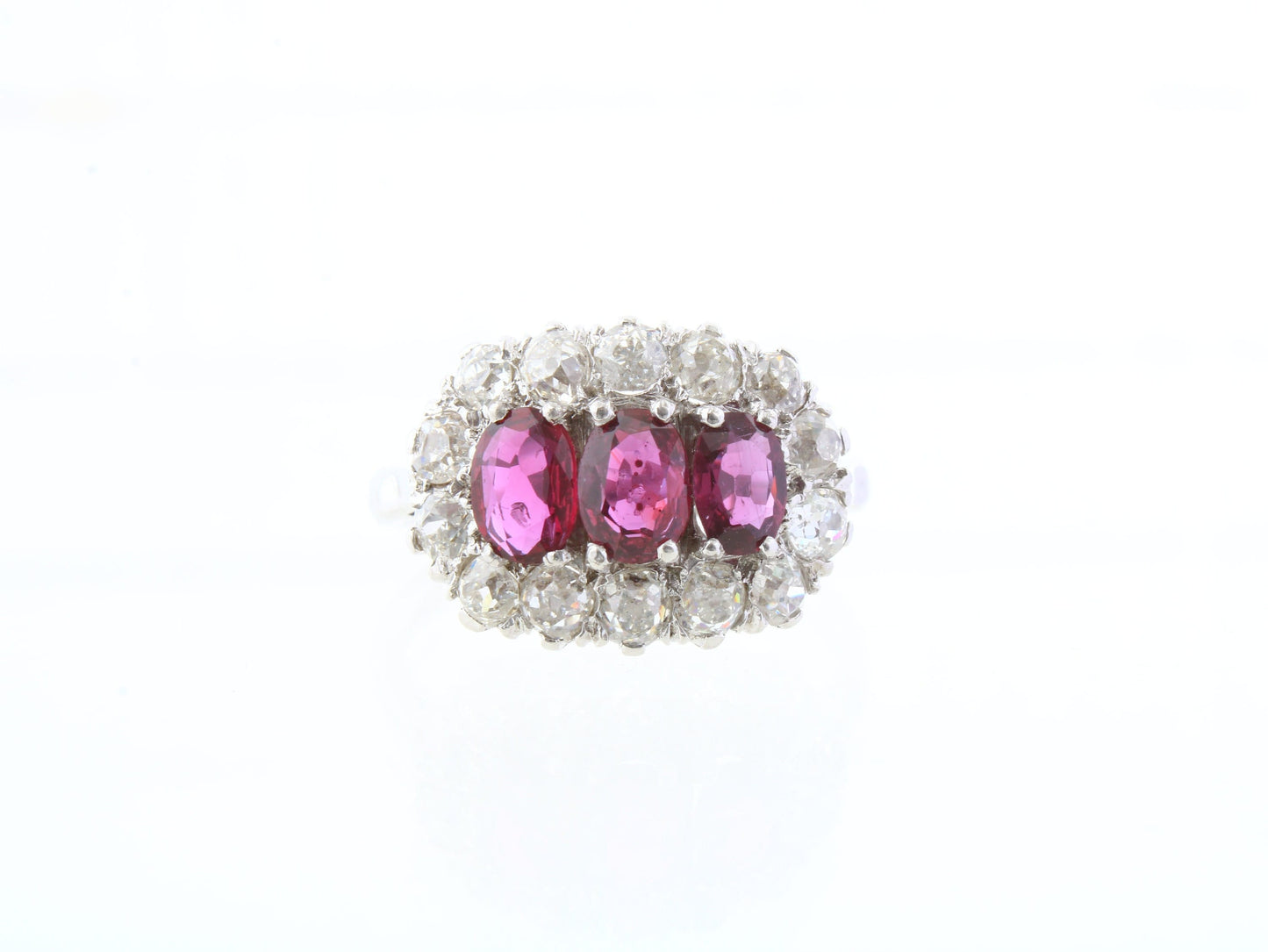 Vintage Natural Ruby Diamond Ring in 18k Gold Platinum,Hand Crafted Triple Cluster of Old Cut Diamonds and Rubies - fk gems