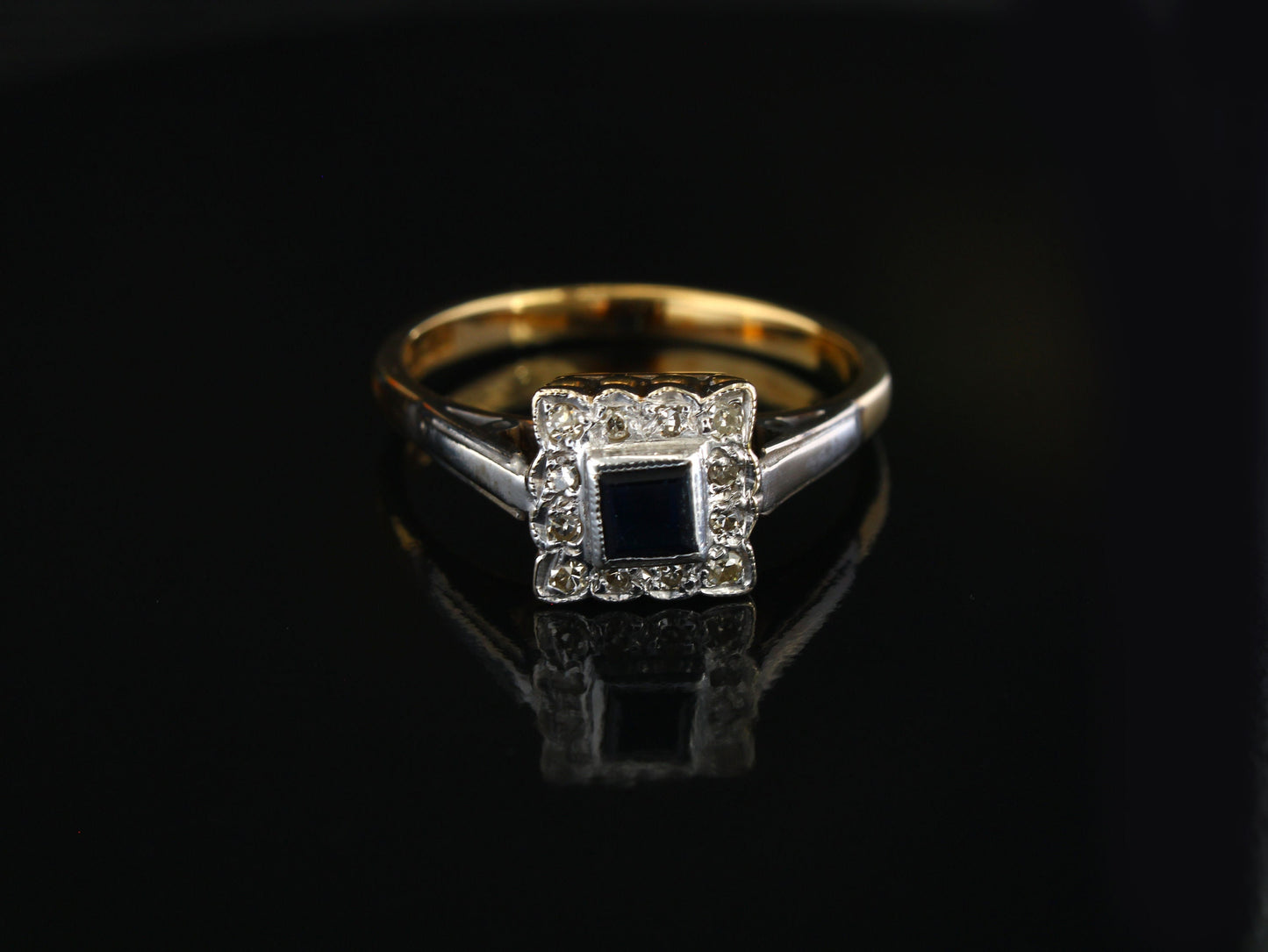 Vintage Sapphire Diamond Engagement Ring, Art Deco Style Gold Ring with Natural Diamonds and Blue Sapphire - fk gems