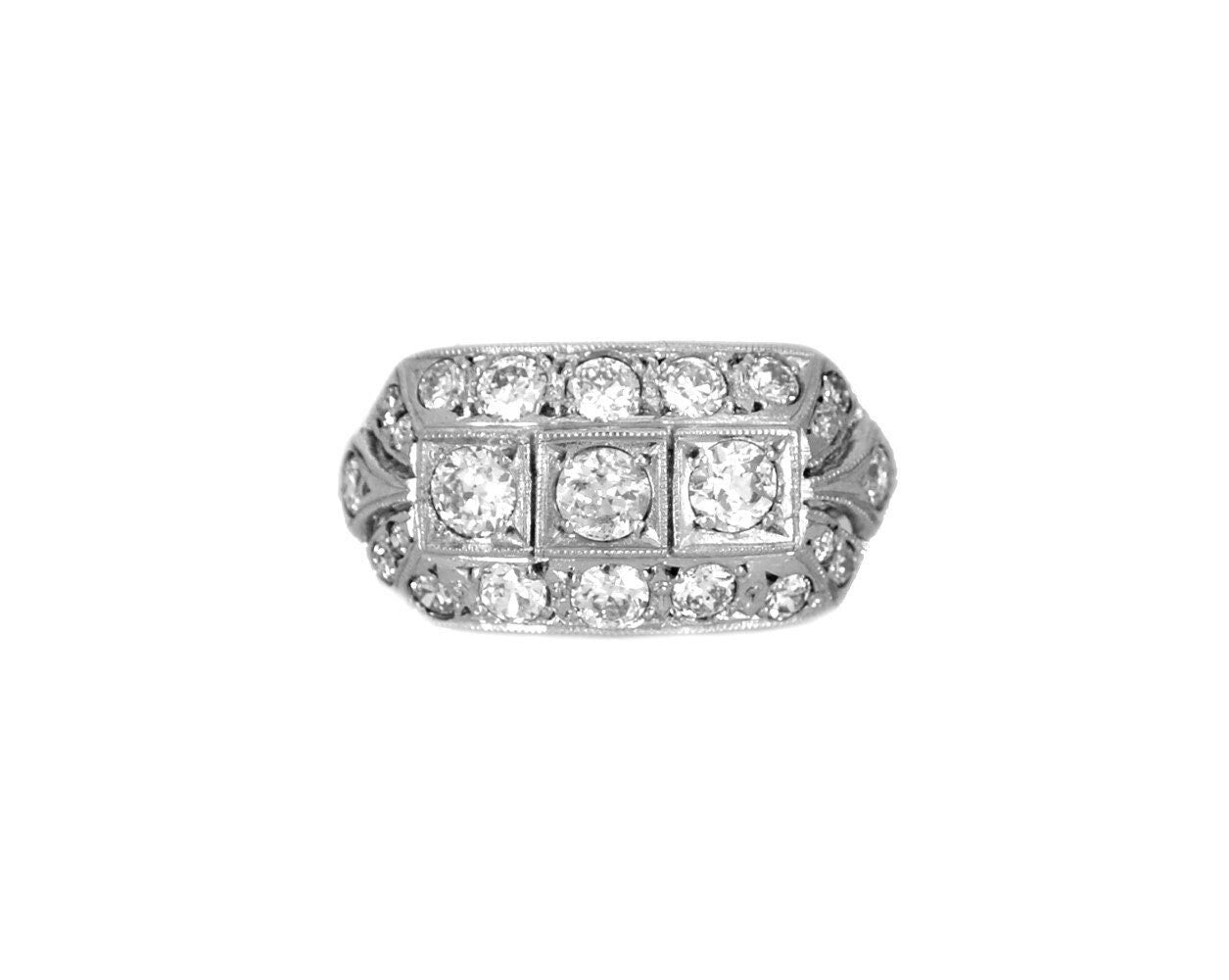 Art Deco Style Platinum Diamond Cluster Engagement Ring - fk gems