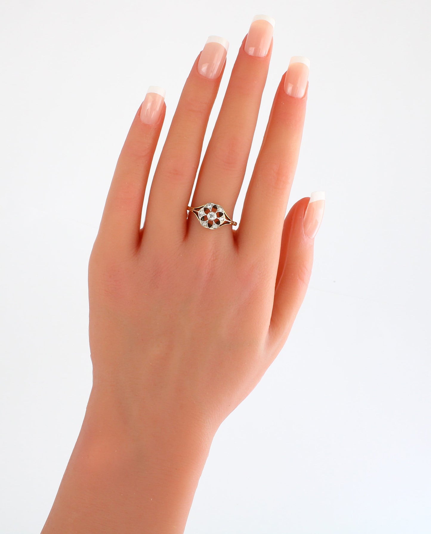 Antique Diamond Engagement Ring, Edwardian 18K Gold Natural Diamonds Flower Ring Size 7.5 US, P UK - fk gems