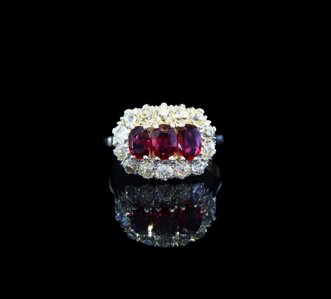 Vintage Natural Ruby Diamond Ring in 18k Gold Platinum,Hand Crafted Triple Cluster of Old Cut Diamonds and Rubies - fk gems