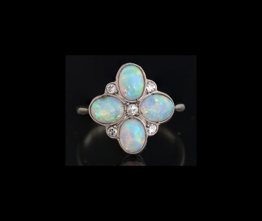 Antique White Gold Opal & Diamond Ring - fk gems