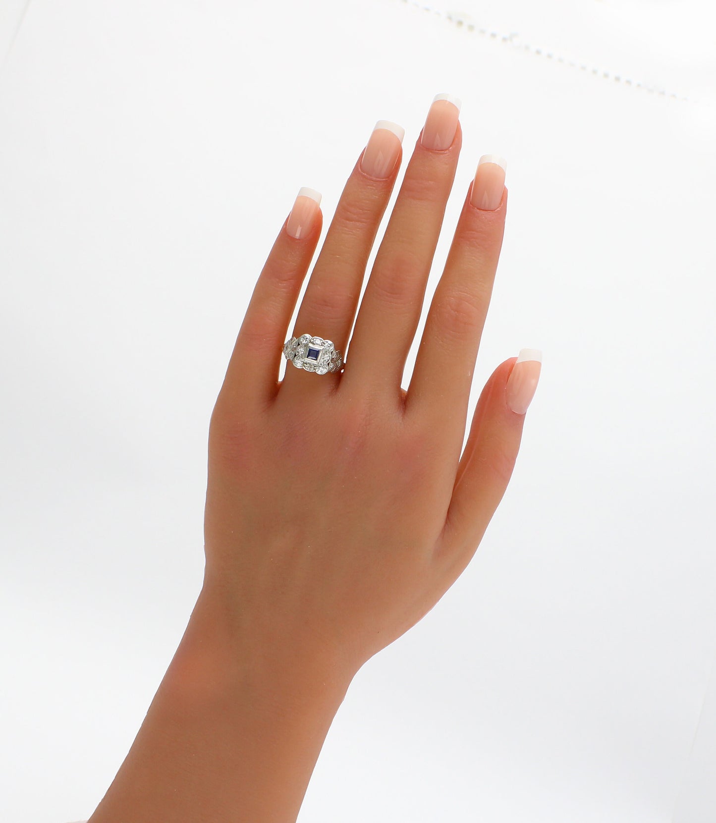 vintage Sapphire & Diamond Cluster Ring, Art Deco Style White Gold Ring,Natural Diamond Engagement Ring - fk gems