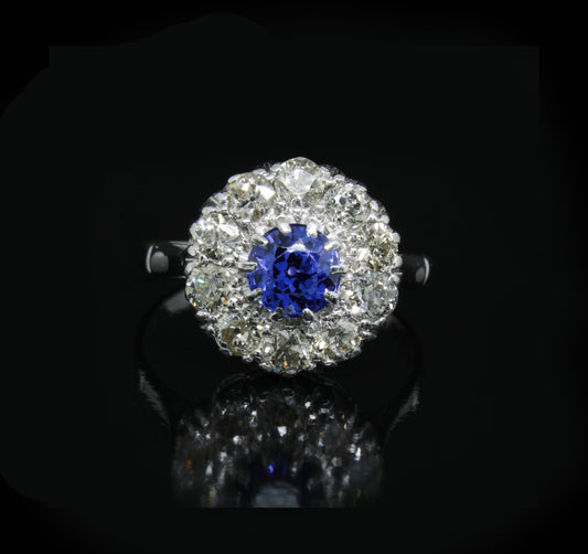 Antique Blue Sapphire Diamond Platinum Ring - fk gems