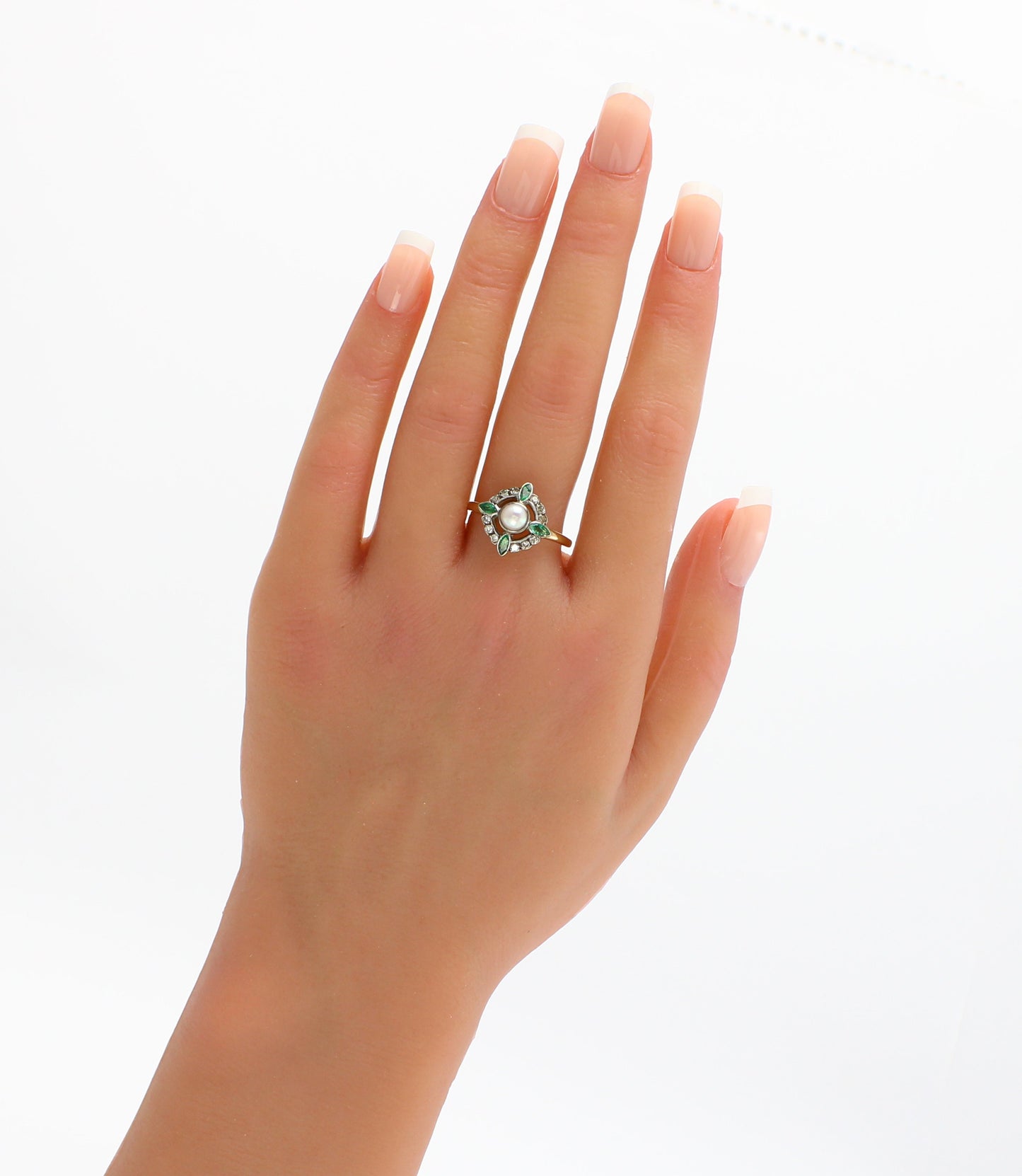 Edwardian Pearl Emerald and Diamond Gold Ring - fk gems