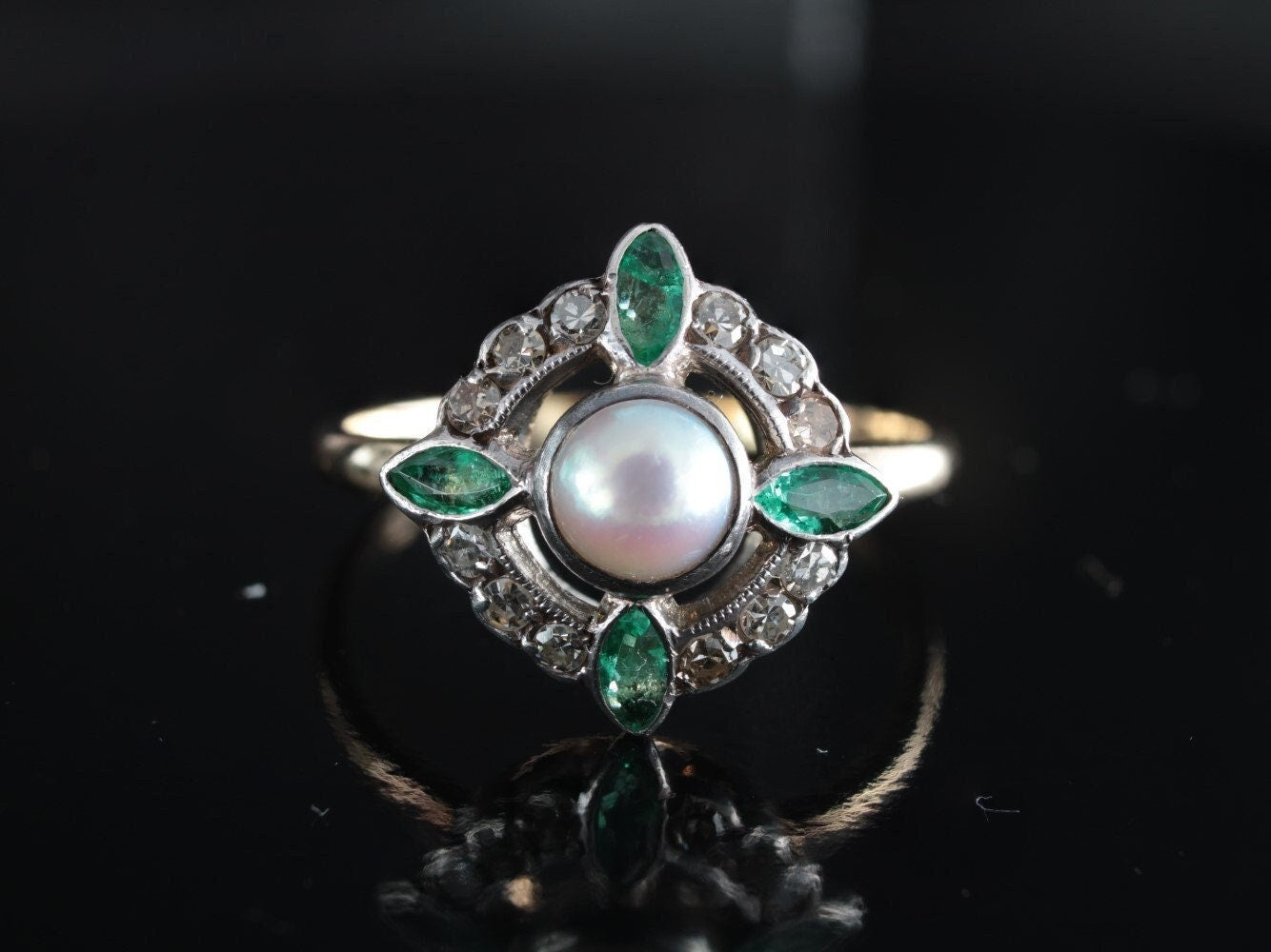 Edwardian Pearl Emerald and Diamond Gold Ring - fk gems