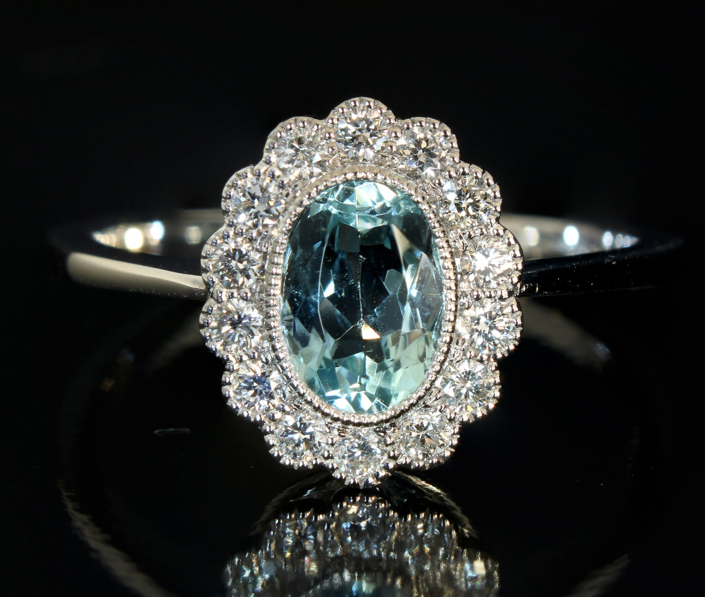 18k White Gold Aquamarine Diamond Daisy Ring - fk gems