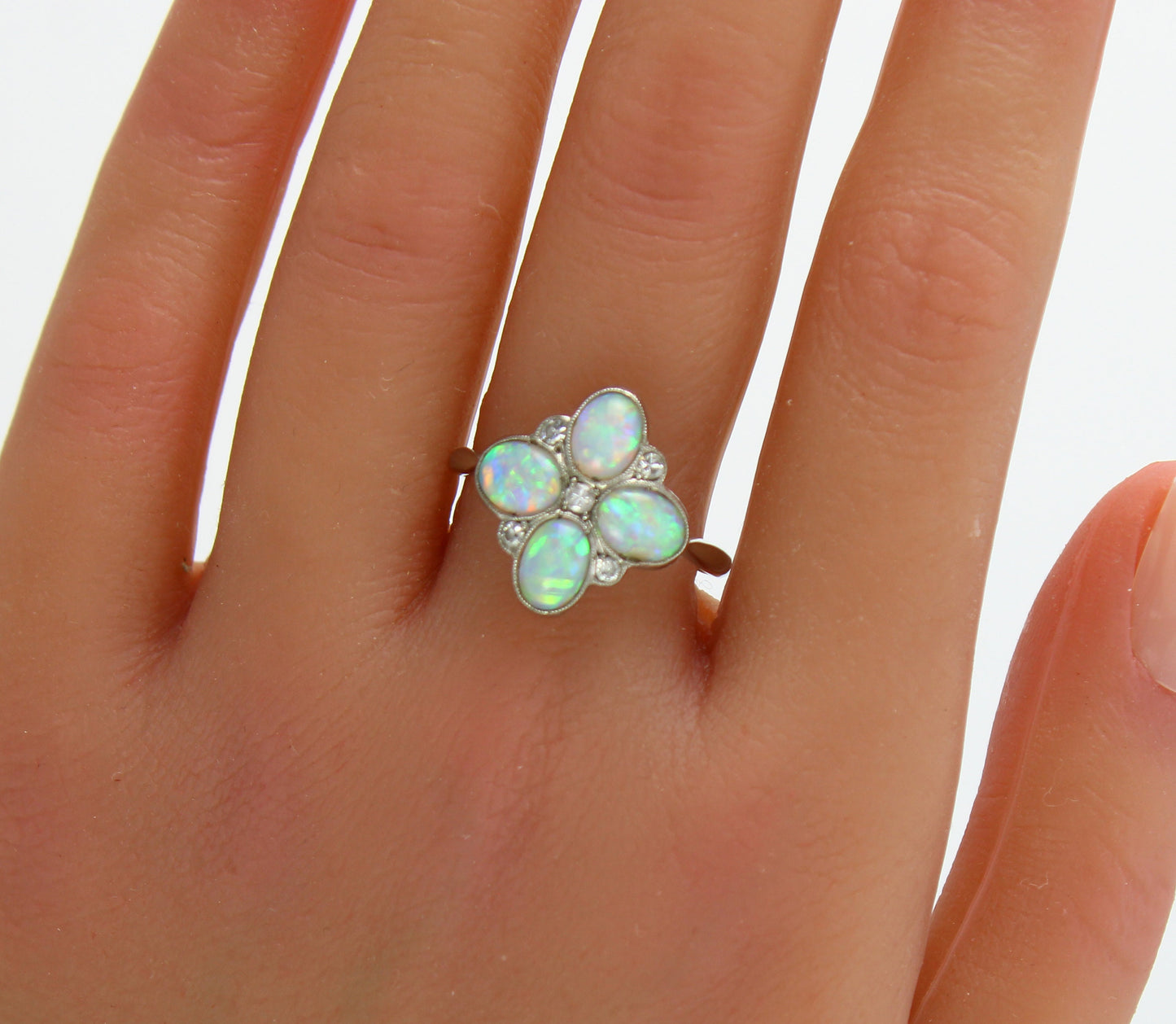 Antique White Gold Opal & Diamond Ring - fk gems