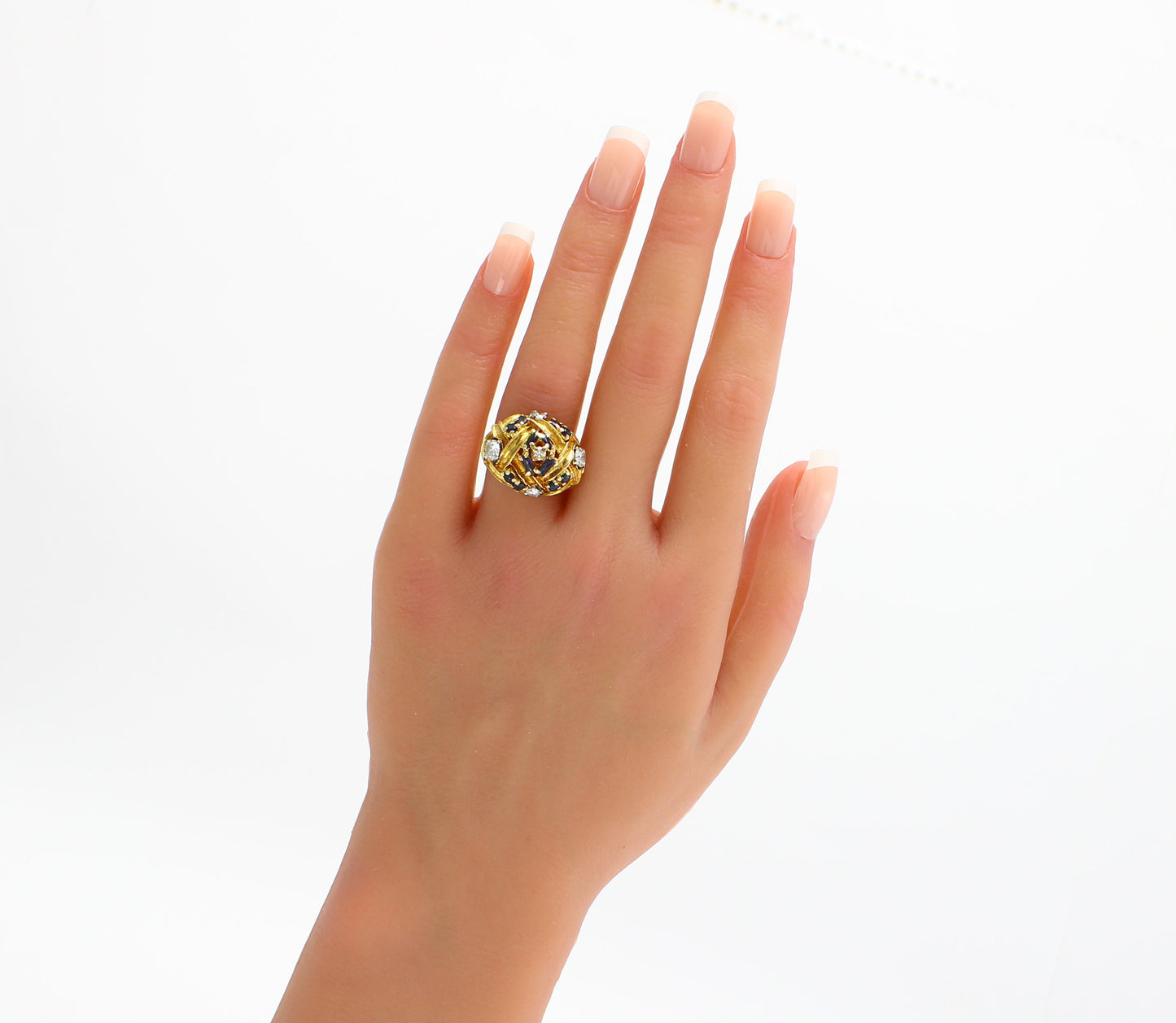 Vintage Natural Sapphire Diamond Ring in 18K Rose Gold, Large Bombe Cocktail Statement Ring - fk gems