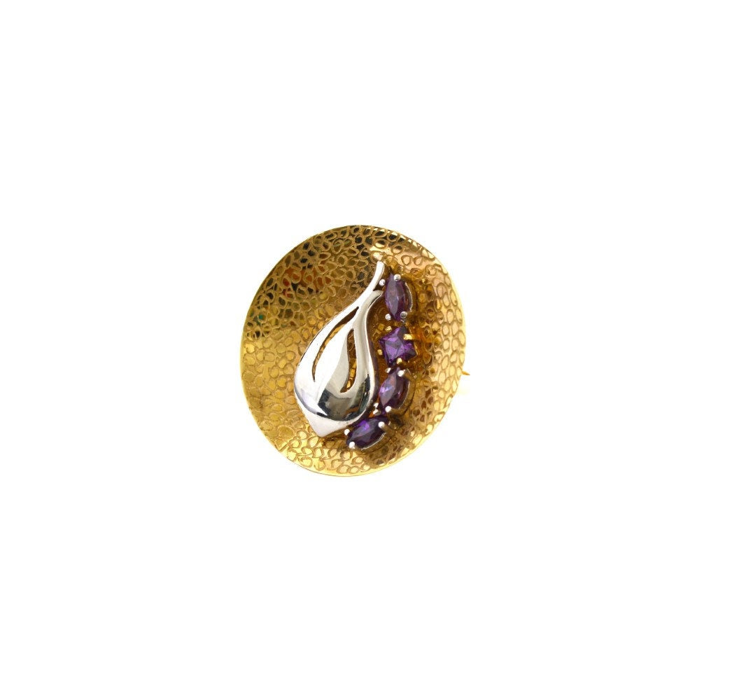 Vintage Modernist Amethyst Ring in 14K Yellow & White Gold, Unique Italian Artisan Jewelry Statement Ring - fk gems