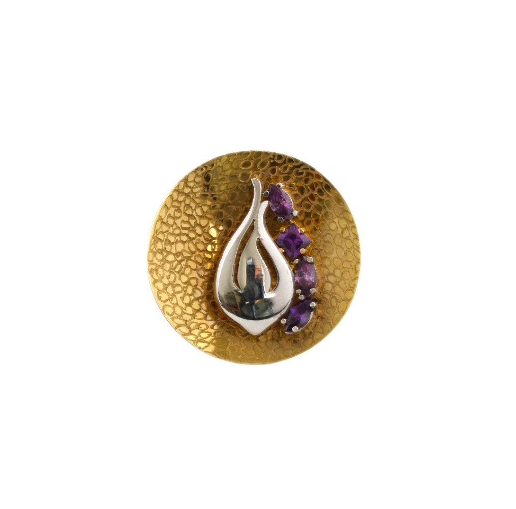 Vintage Modernist Amethyst Ring in 14K Yellow & White Gold, Unique Italian Artisan Jewelry Statement Ring - fk gems