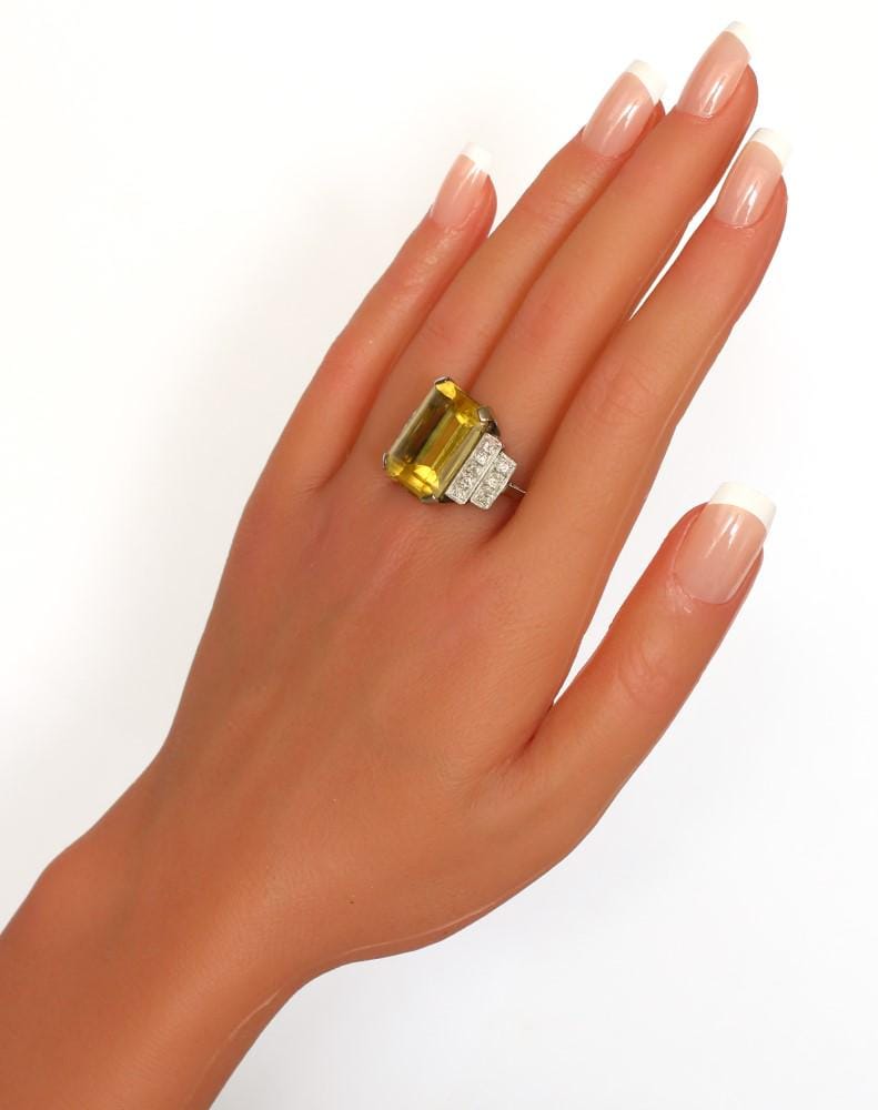 Vintage Art Deco Citrine Diamond Cocktail Ring, Lovely Statement Ring - fk gems