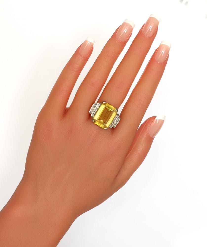 Vintage Art Deco Citrine Diamond Cocktail Ring, Lovely Statement Ring - fk gems