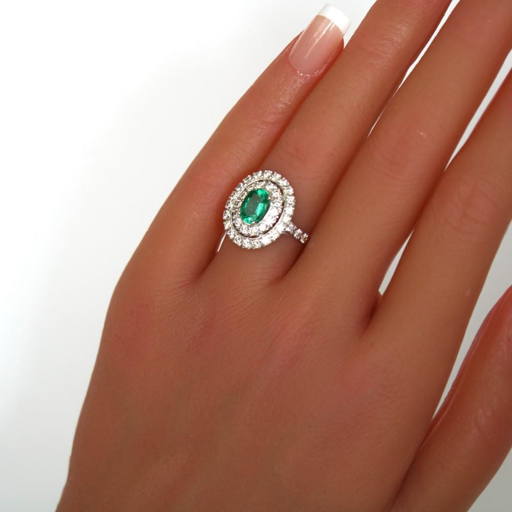 Vintage Emerald Diamond Cluster Engagement Ring Size M1/2, US 6.5 - fk gems