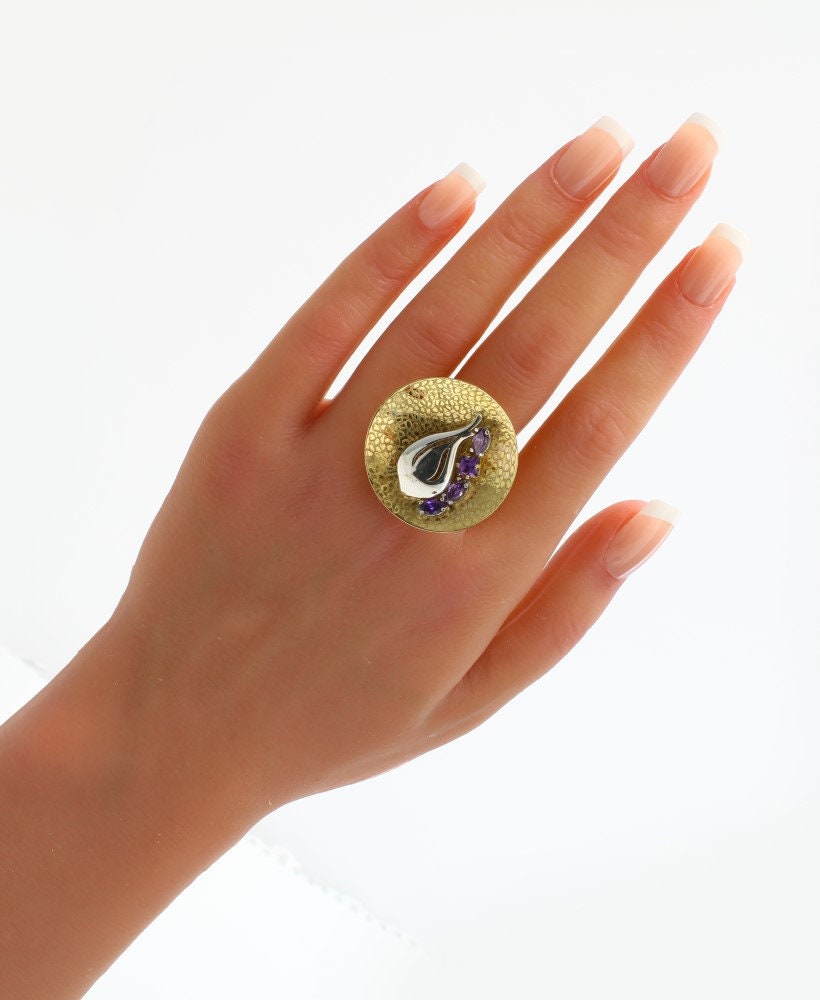 Vintage Modernist Amethyst Ring in 14K Yellow & White Gold, Unique Italian Artisan Jewelry Statement Ring - fk gems