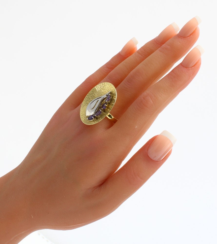 Vintage Modernist Amethyst Ring in 14K Yellow & White Gold, Unique Italian Artisan Jewelry Statement Ring - fk gems