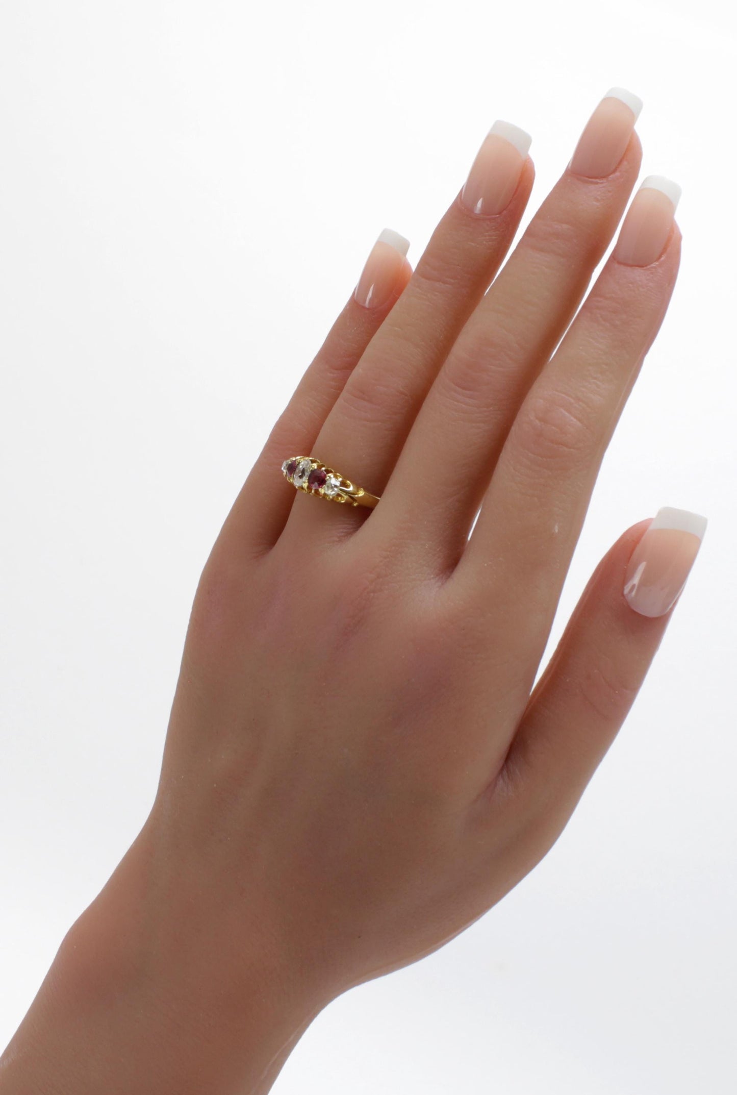 Edwardian Ruby Diamond Engagement Ring, Vintage 18k Gold with Pink Rubies and Old Cut Diamonds - fk gems