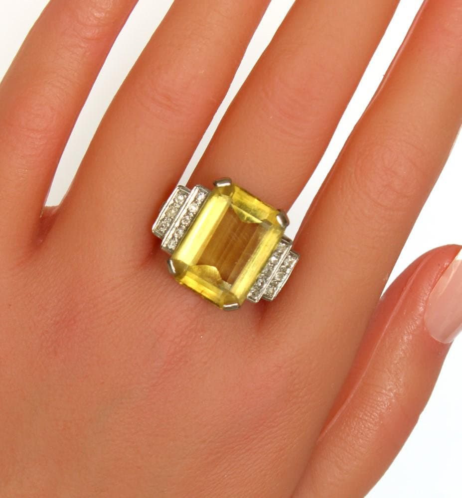 Vintage Art Deco Citrine Diamond Cocktail Ring, Lovely Statement Ring - fk gems