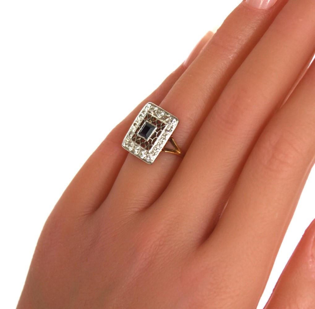 Vintage 14k Diamond Sapphire Ring in A Rare Art Deco Style - fk gems