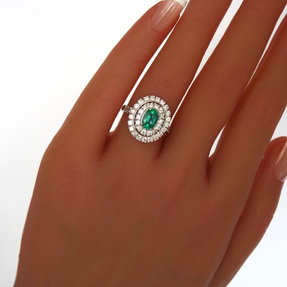 Vintage Emerald Diamond Cluster Engagement Ring Size M1/2, US 6.5 - fk gems