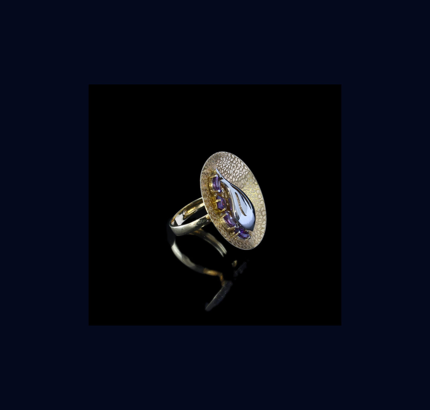 Vintage Modernist Amethyst Ring in 14K Yellow & White Gold, Unique Italian Artisan Jewelry Statement Ring - fk gems