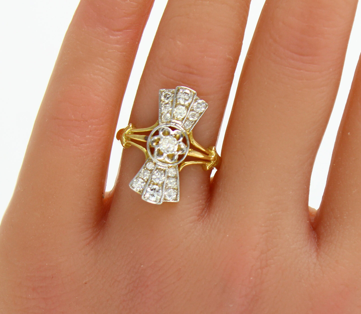Vintage Art Deco Diamond Ring, Bow Diamond Cluster Ring from 1930s - fk gems