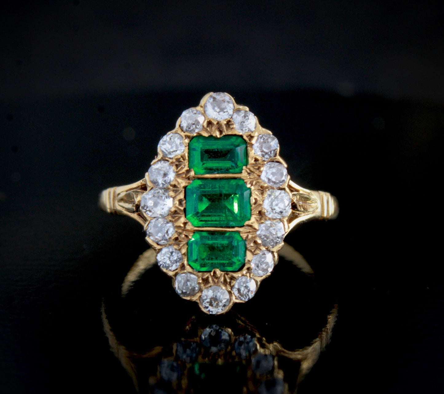 Victorian Emerald Diamond Ring, Antique 18K Gold Old Cut Natural Diamond Cluster Ring - fk gems