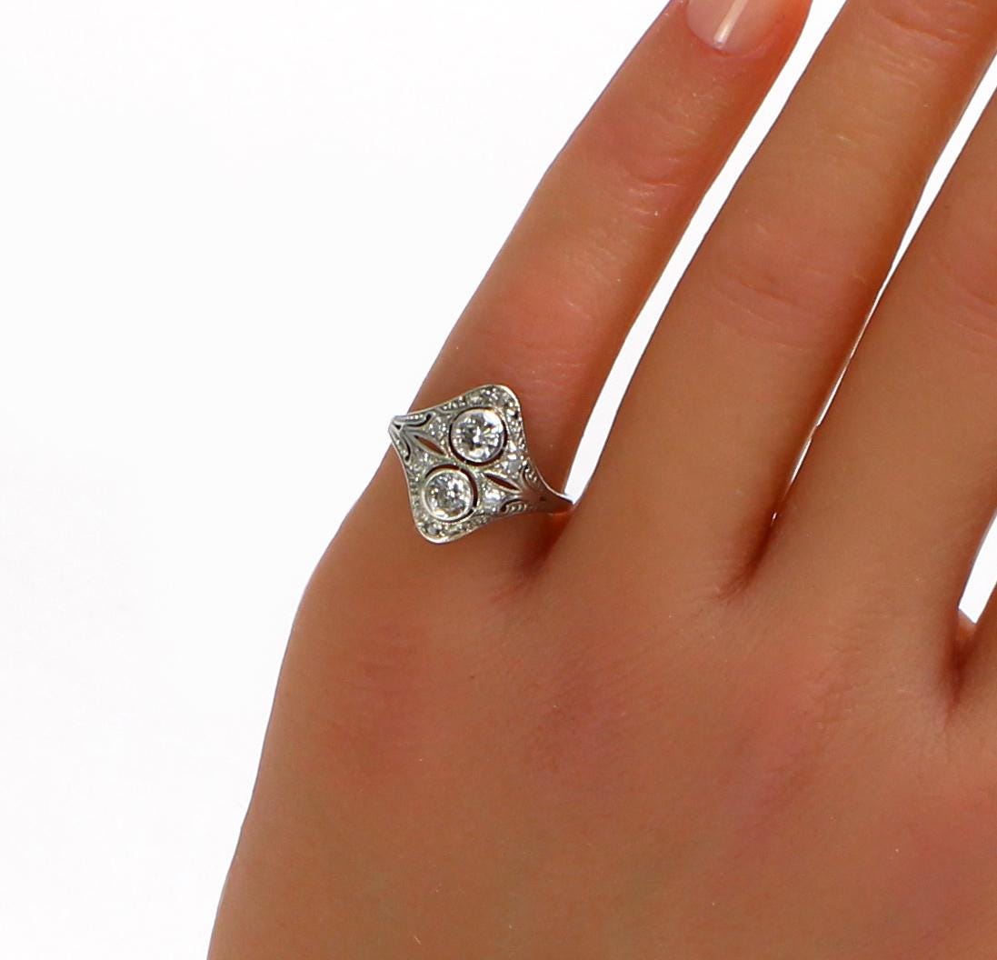 Antique Art Deco Diamond Ring in 14K White Gold, Size US 6, UK/AU L - fk gems