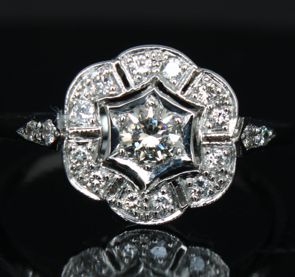 Platinum Engagement Ring with Natural Diamonds, Vintage Art Deco Style