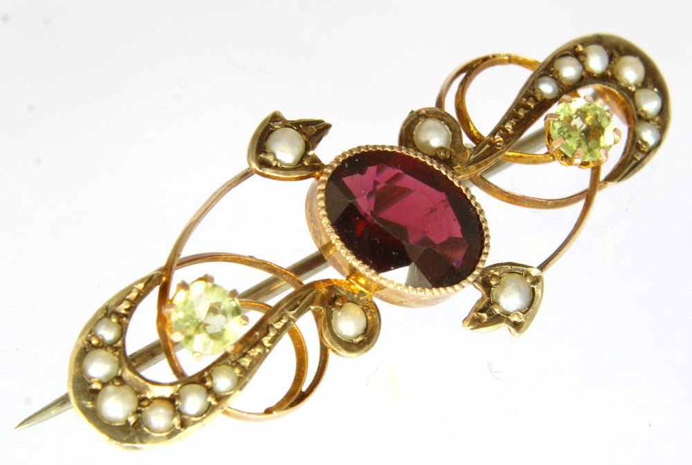 Art Nouveau Rose Gold Brooch with Garnet , Peridot & Seed Pearls