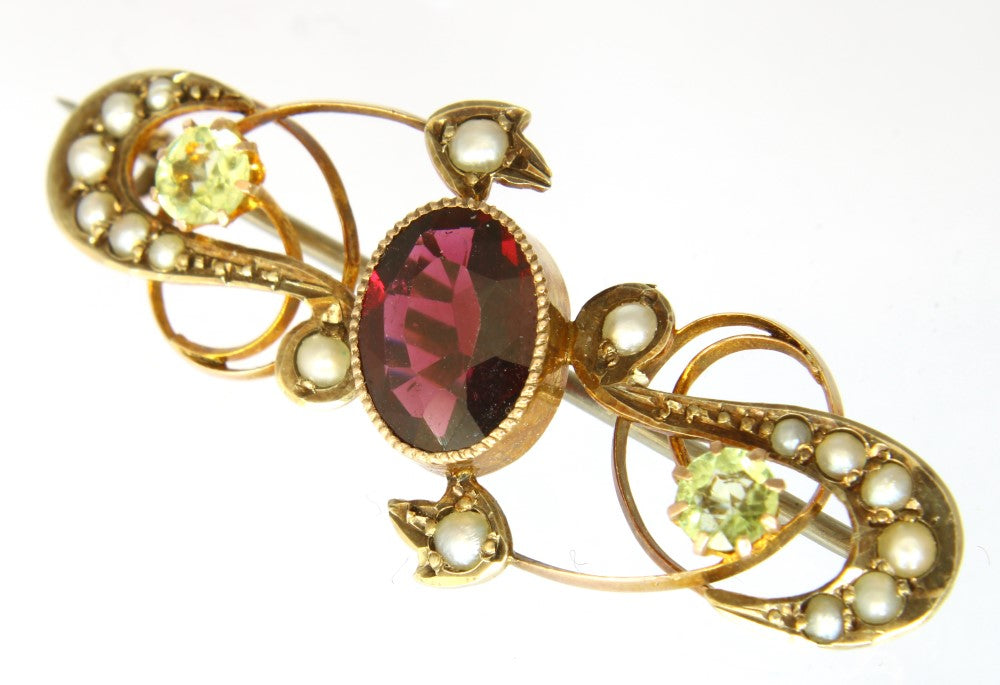 Art Nouveau Rose Gold Brooch with Garnet , Peridot & Seed Pearls