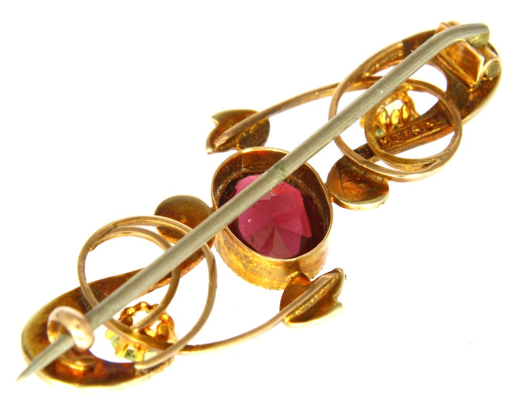 Art Nouveau Rose Gold Brooch with Garnet , Peridot & Seed Pearls