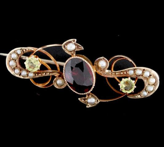 Art Nouveau Rose Gold Brooch with Garnet , Peridot & Seed Pearls