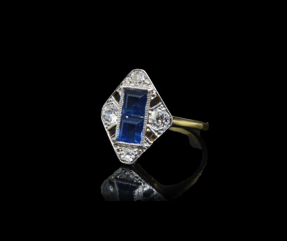 Vintage 18k Sapphires Diamonds Engagement Ring, Art Deco 1920/30s period