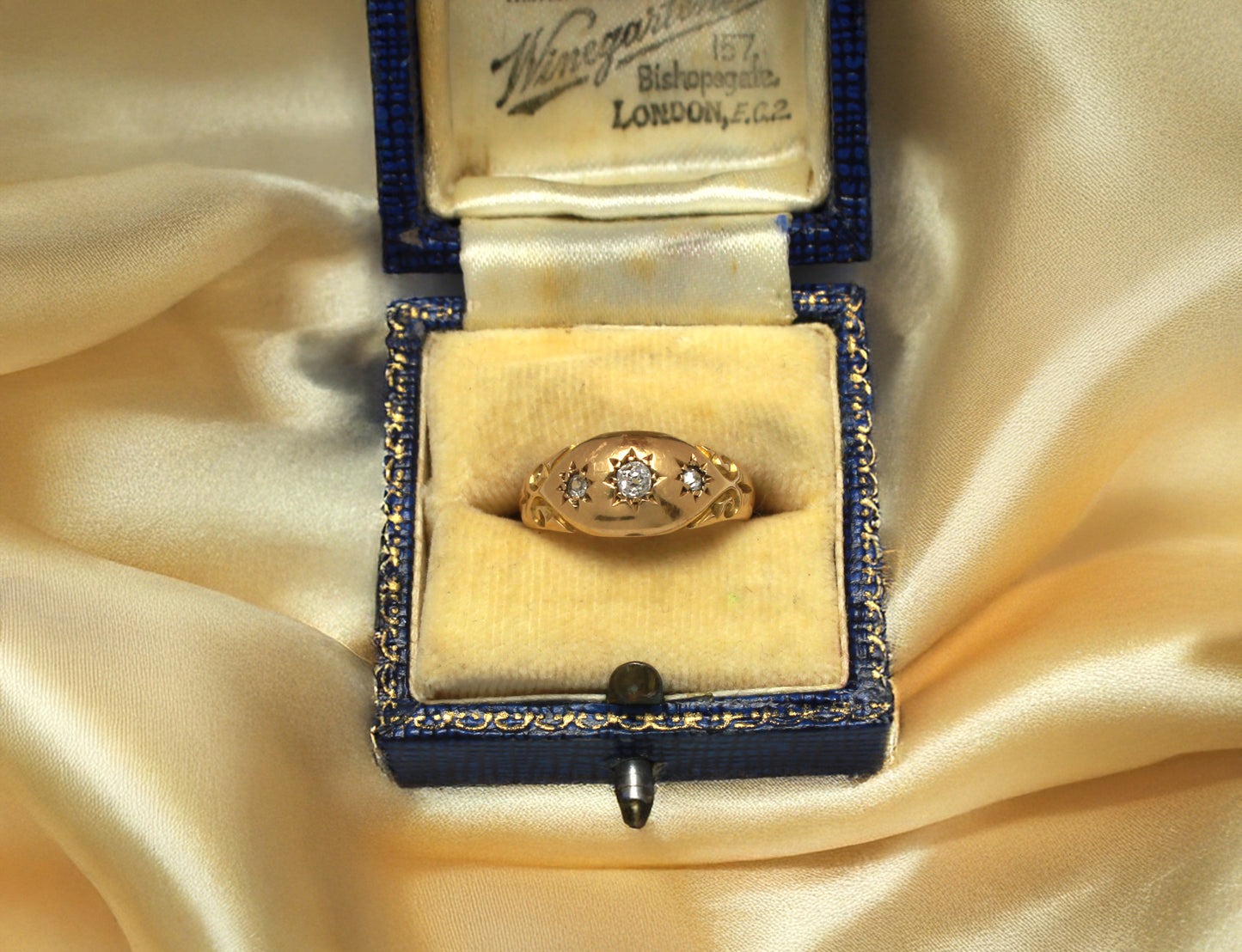 Fabulous Edwardian Diamond Engagement Ring, Three Old Cut Diamonds Gypsy Star Set in 18K Yellow Gold, Ring Size: 6 US, M 1/2 UK, EU 52, Resizing & Certificate