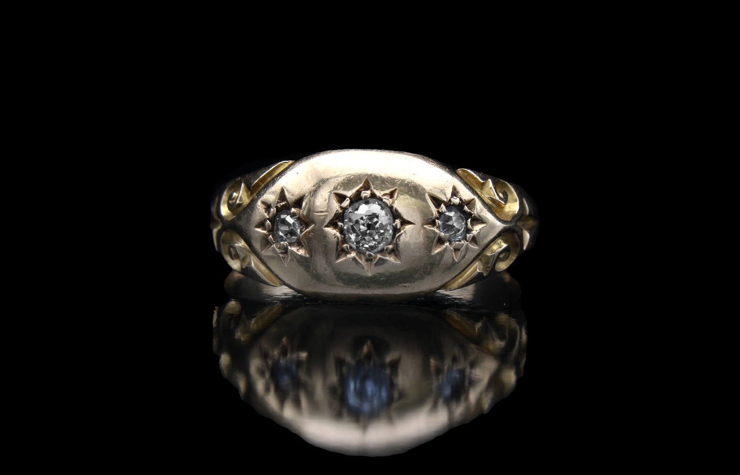 Fabulous Edwardian Diamond Engagement Ring, Three Old Cut Diamonds Gypsy Star Set in 18K Yellow Gold, Ring Size: 6 US, M 1/2 UK, EU 52, Resizing & Certificate