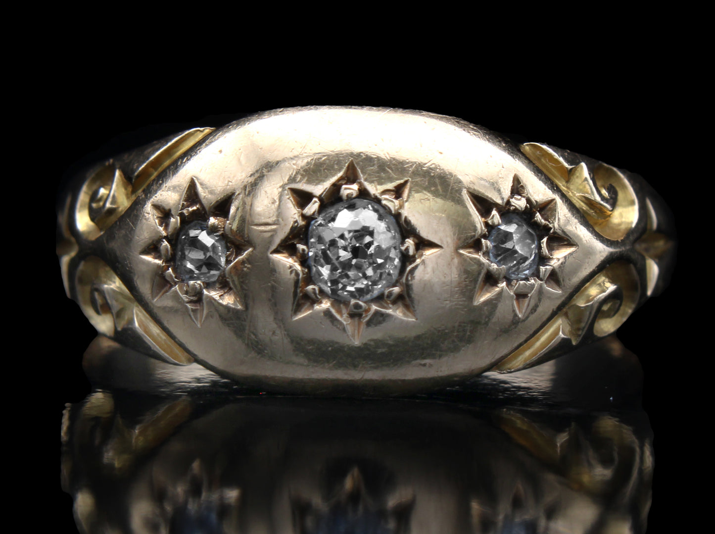 Fabulous Edwardian Diamond Engagement Ring, Three Old Cut Diamonds Gypsy Star Set in 18K Yellow Gold, Ring Size: 6 US, M 1/2 UK, EU 52, Resizing & Certificate