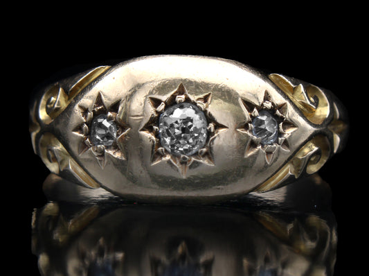 Fabulous Edwardian Diamond Engagement Ring, Three Old Cut Diamonds Gypsy Star Set in 18K Yellow Gold, Ring Size: 6 US, M 1/2 UK, EU 52, Resizing & Certificate
