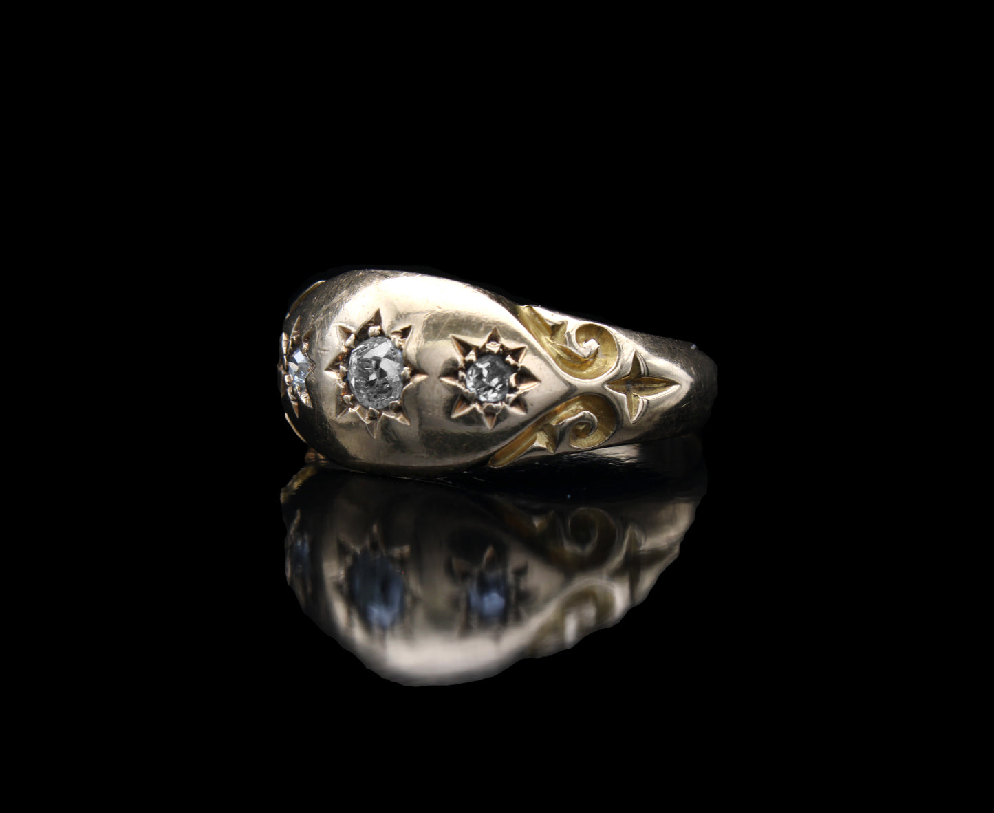 Fabulous Edwardian Diamond Engagement Ring, Three Old Cut Diamonds Gypsy Star Set in 18K Yellow Gold, Ring Size: 6 US, M 1/2 UK, EU 52, Resizing & Certificate