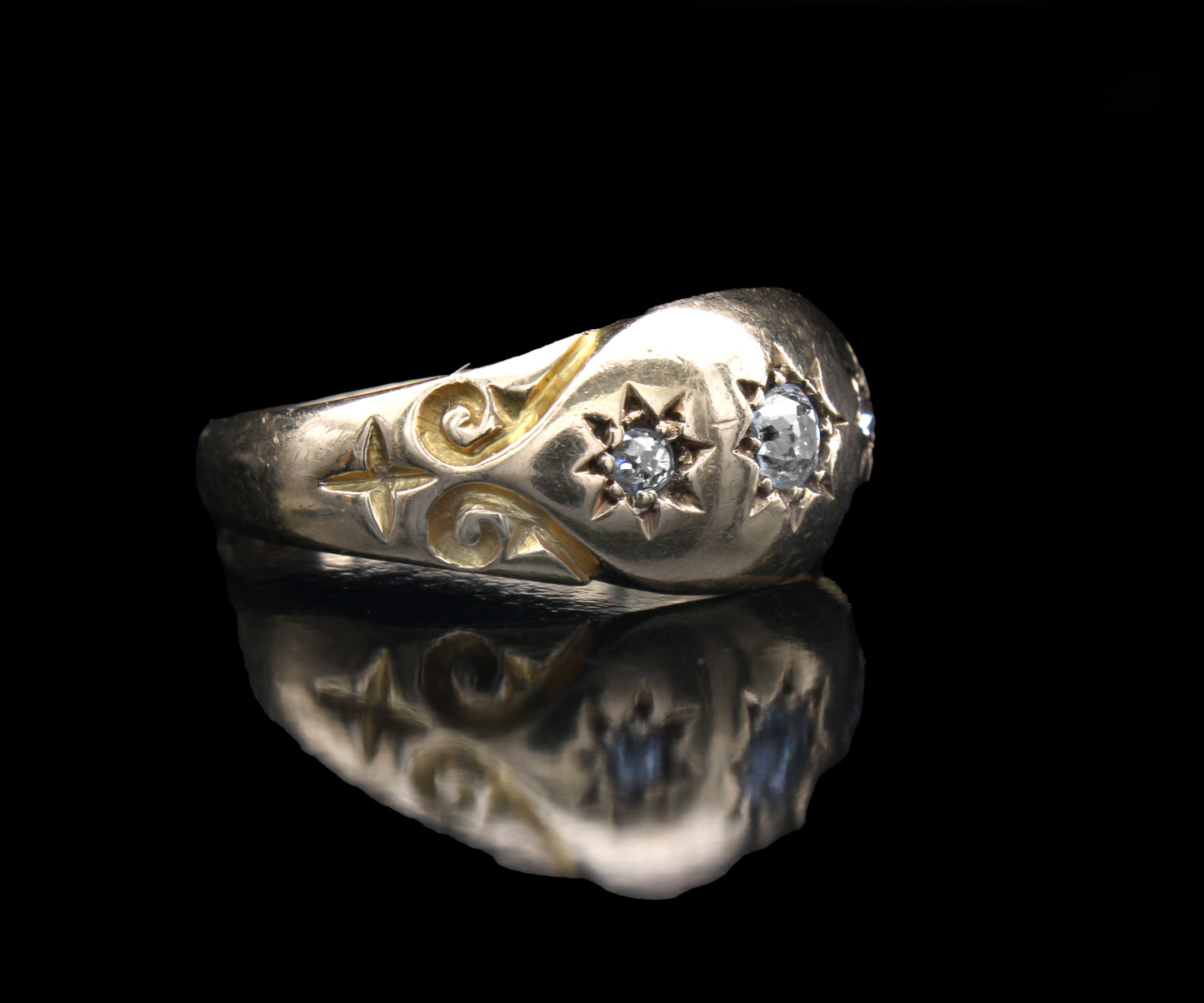 Fabulous Edwardian Diamond Engagement Ring, Three Old Cut Diamonds Gypsy Star Set in 18K Yellow Gold, Ring Size: 6 US, M 1/2 UK, EU 52, Resizing & Certificate