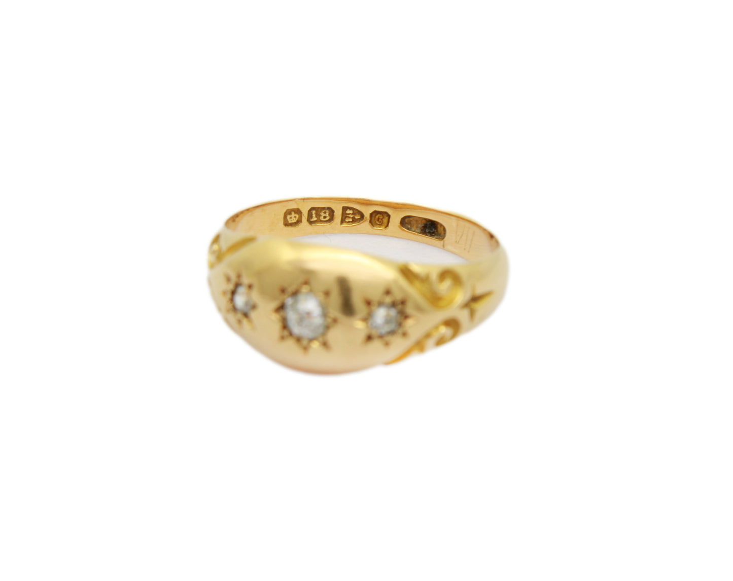 Fabulous Edwardian Diamond Engagement Ring, Three Old Cut Diamonds Gypsy Star Set in 18K Yellow Gold, Ring Size: 6 US, M 1/2 UK, EU 52, Resizing & Certificate
