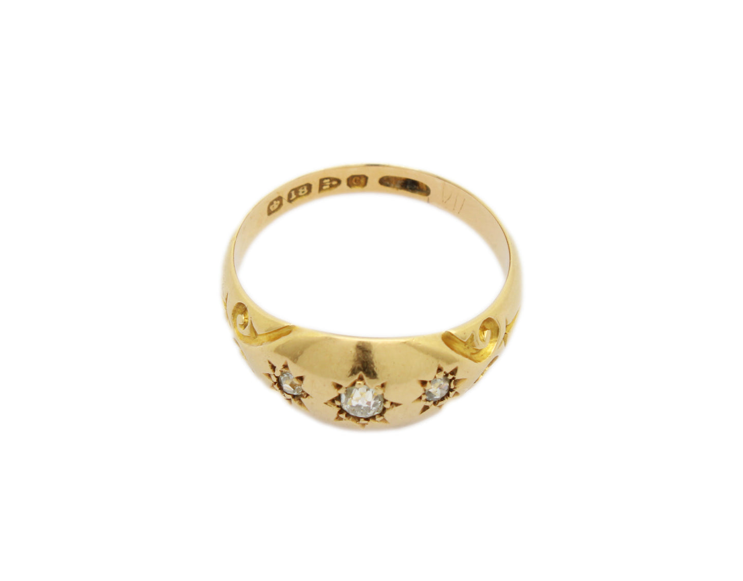 Fabulous Edwardian Diamond Engagement Ring, Three Old Cut Diamonds Gypsy Star Set in 18K Yellow Gold, Ring Size: 6 US, M 1/2 UK, EU 52, Resizing & Certificate