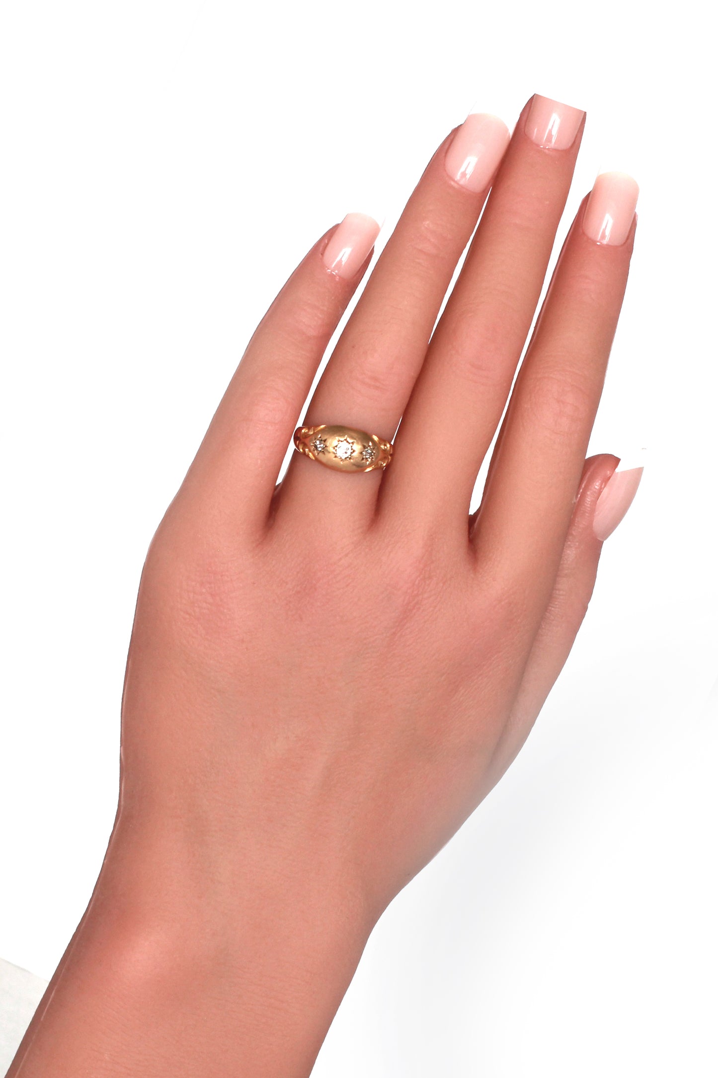 Fabulous Edwardian Diamond Engagement Ring, Three Old Cut Diamonds Gypsy Star Set in 18K Yellow Gold, Ring Size: 6 US, M 1/2 UK, EU 52, Resizing & Certificate