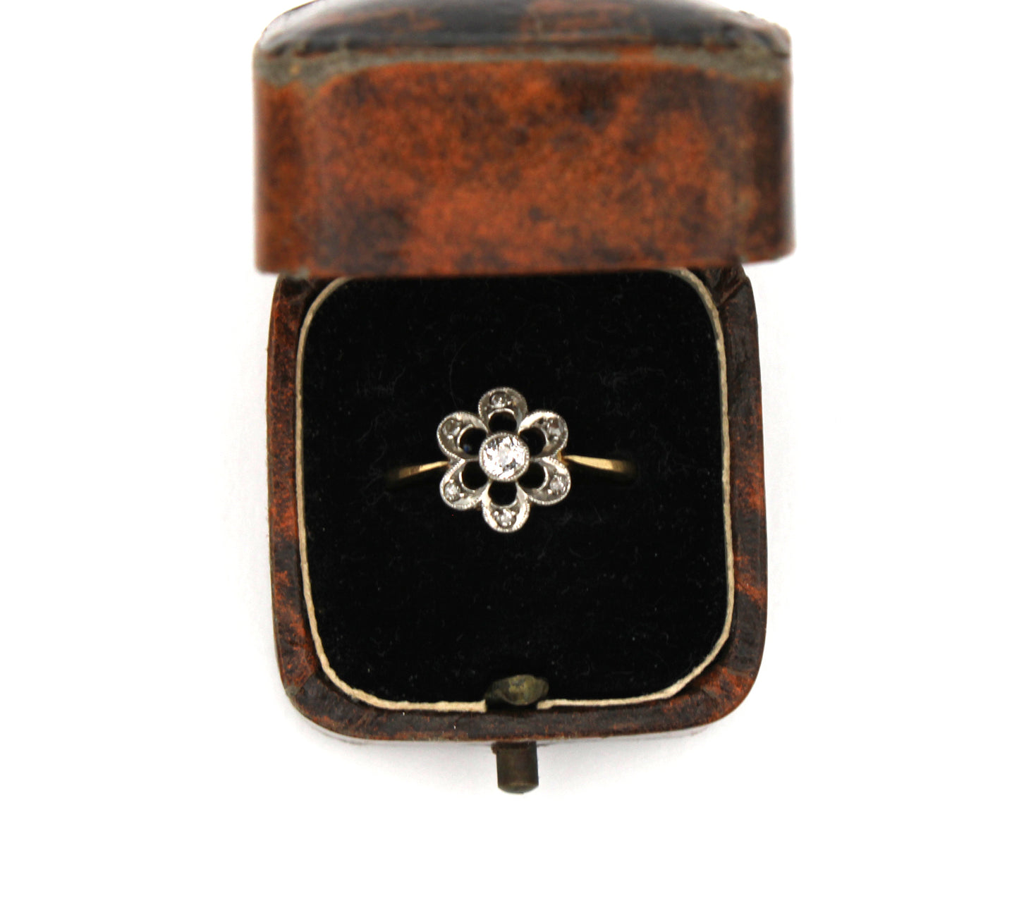 Stylish Vintage 18K Diamond Engagement Ring with central Old Cut Stone and a Floral Cluster, Certificate of Authenticity, Size US 7, UK N, EU 54