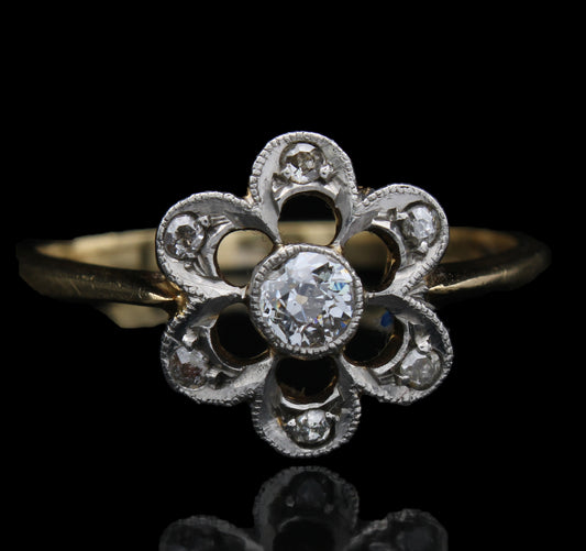 Stylish Vintage 18K Diamond Engagement Ring with central Old Cut Stone and a Floral Cluster, Certificate of Authenticity, Size US 7, UK N, EU 54