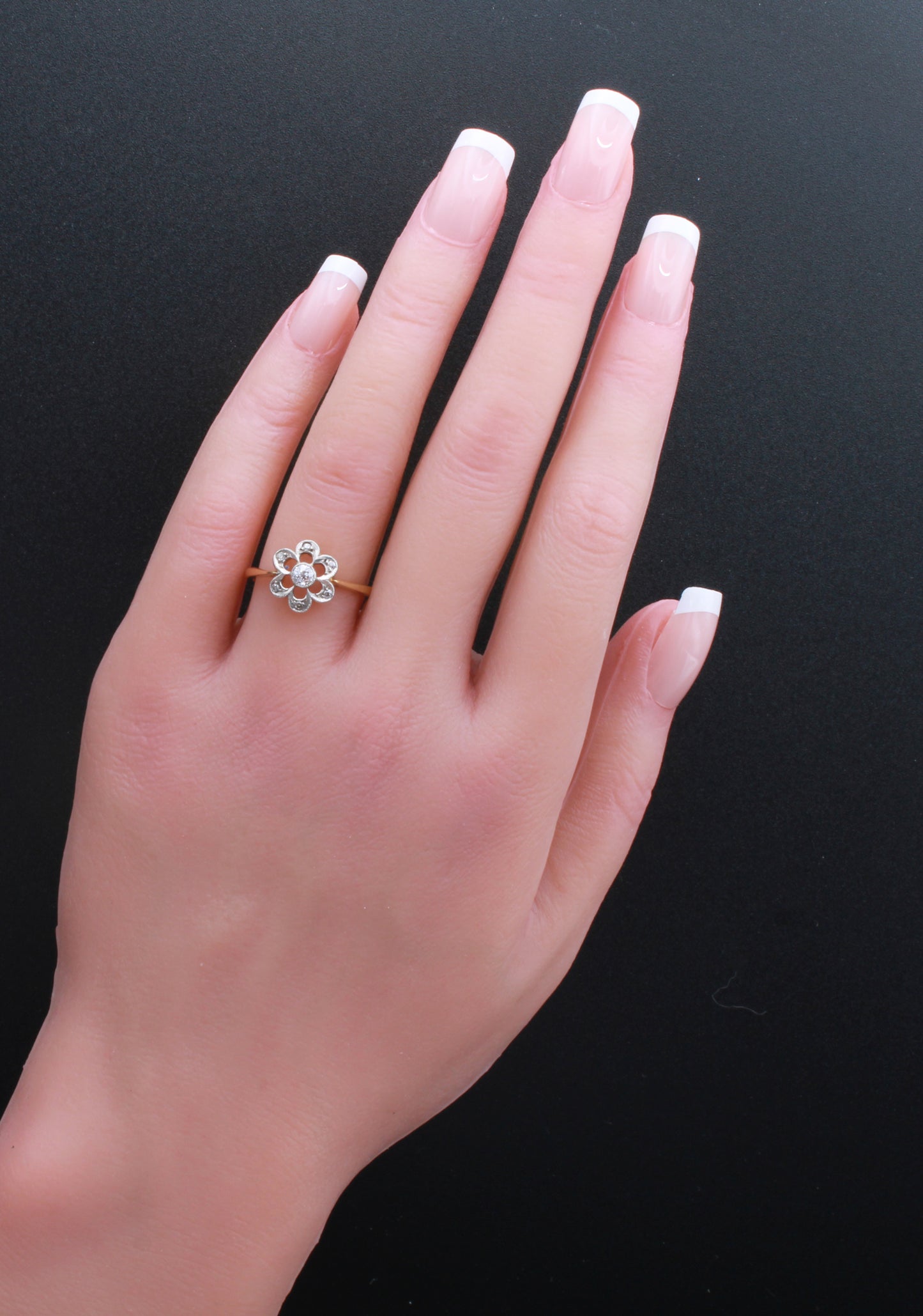 Stylish Vintage 18K Diamond Engagement Ring with central Old Cut Stone and a Floral Cluster, Certificate of Authenticity, Size US 7, UK N, EU 54