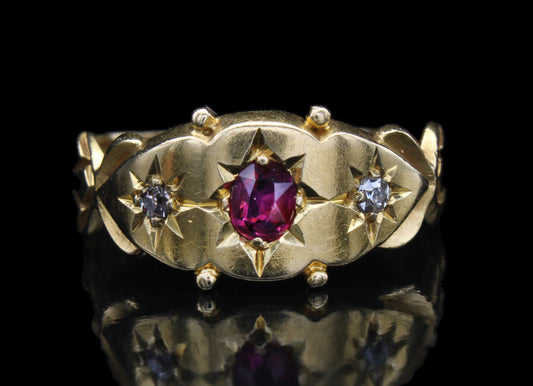 Elegant Antique Edwardian 18k Gold Diamond & Ruby Ring with Star Gypsy Setting, Size 5 US, J 1/2 UK, 49.5 EU, Resizing Available