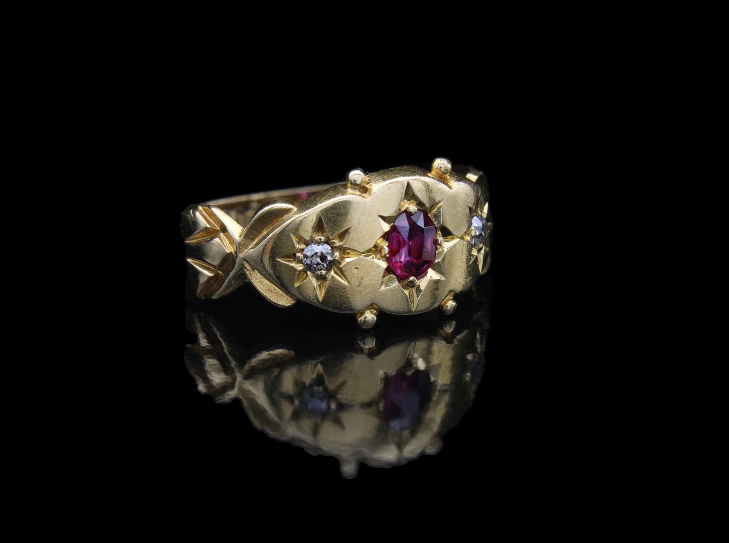 Elegant Antique Edwardian 18k Gold Diamond & Ruby Ring with Star Gypsy Setting, Size 5 US, J 1/2 UK, 49.5 EU, Resizing Available